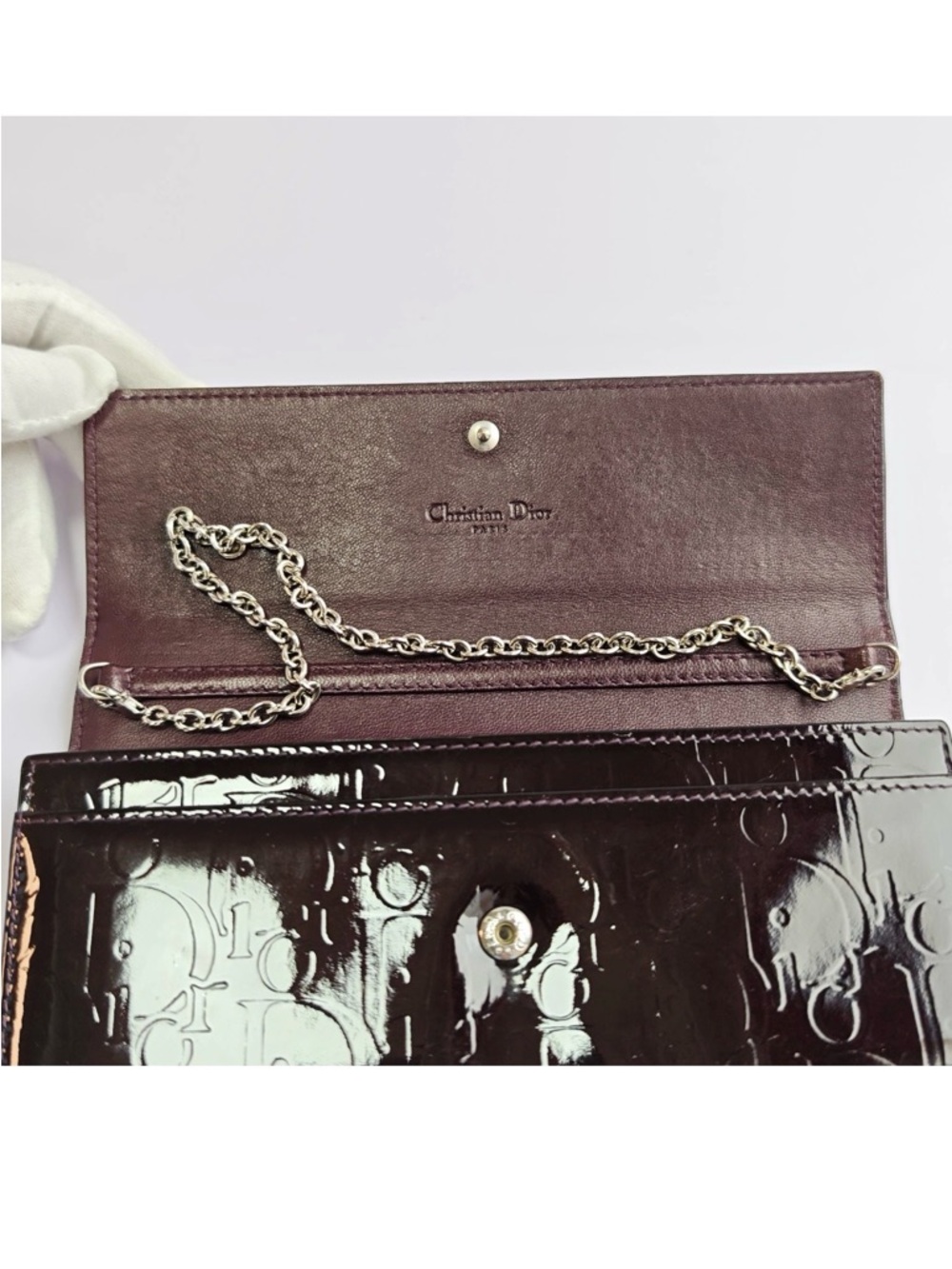 Dior Burgundy Oblique Patent Leather Wallet On Chain - Picture 7 of 15